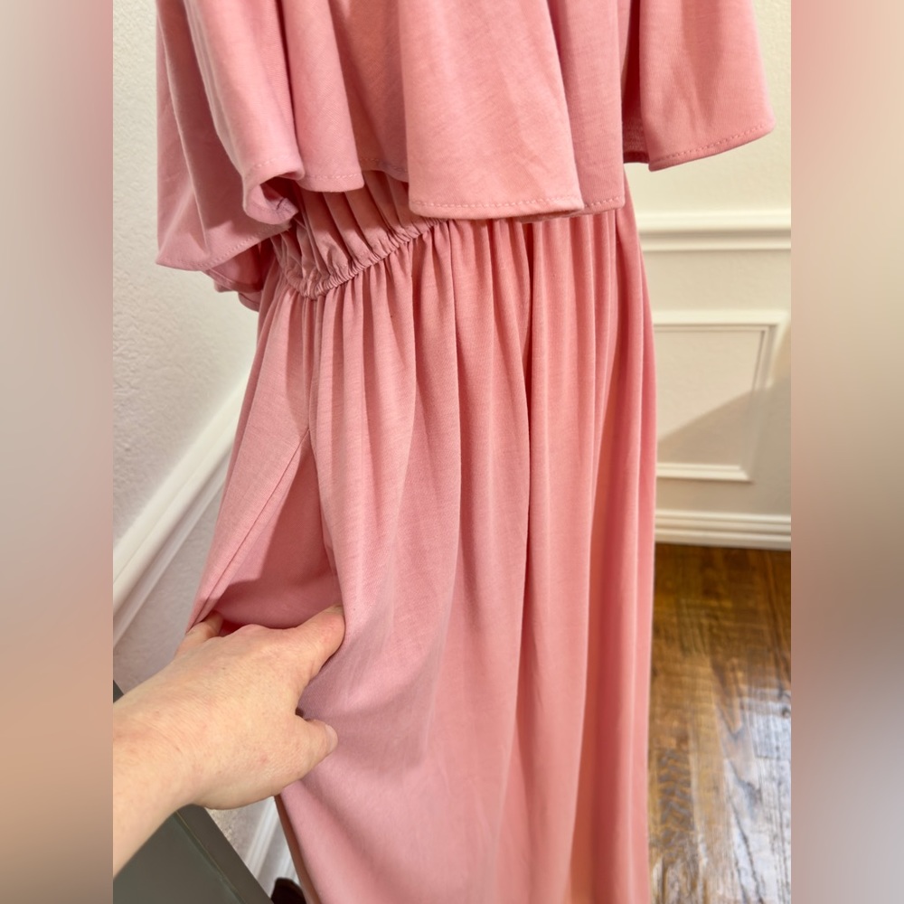 MAUVE Flowy Off The Shoulder Ruffle Party Dress Side Split Beach Maxi + POCKETS! - Picture 9 of 17